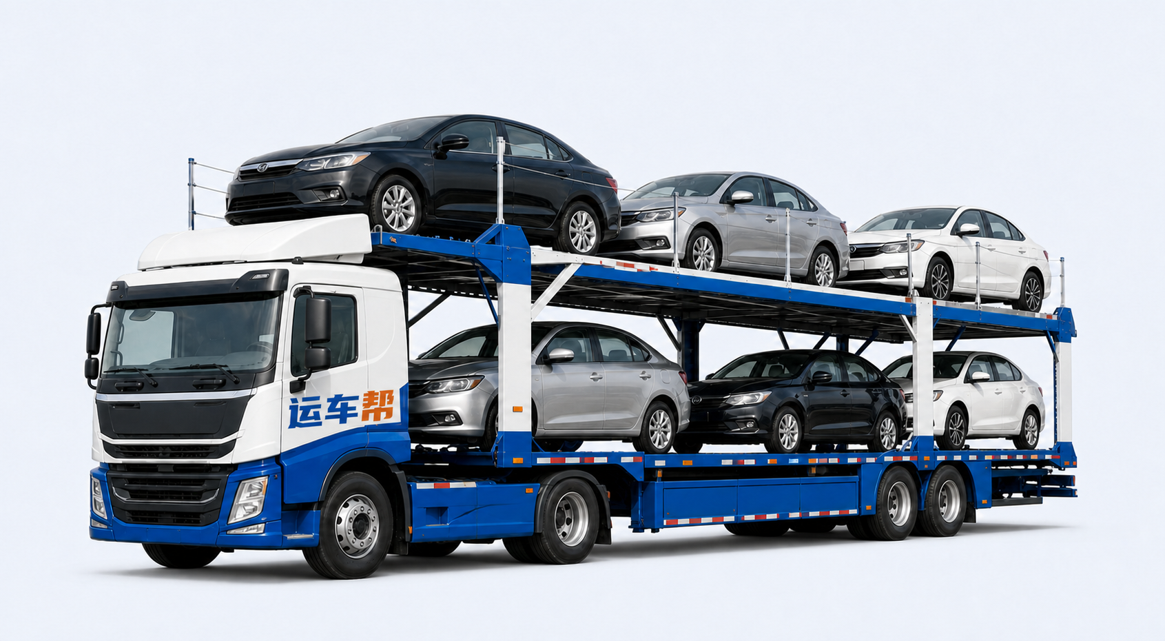 蓝白色专业轿运车装载多辆汽车